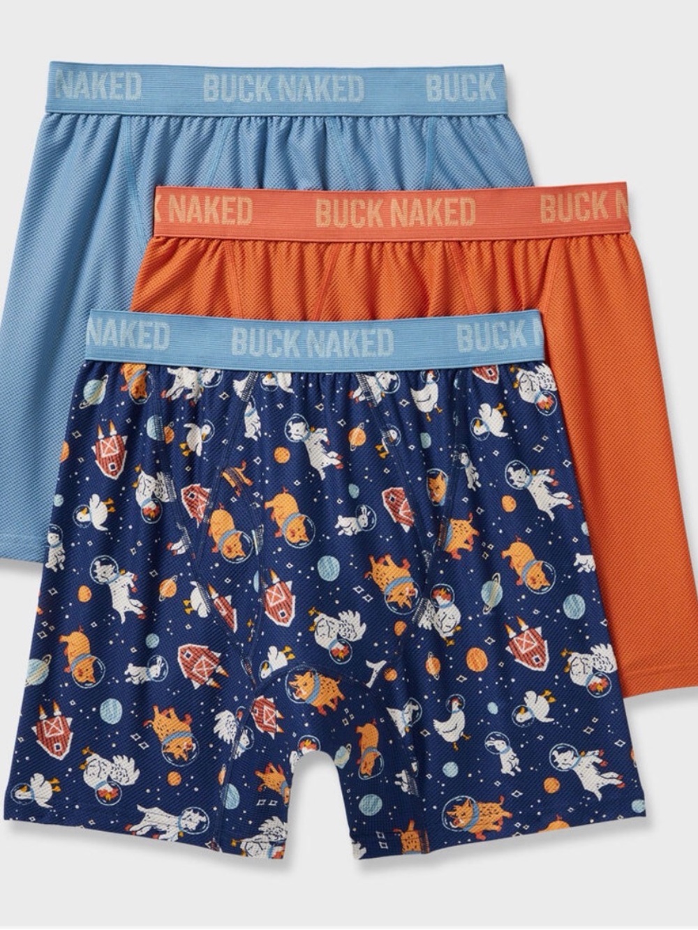 Duluth Trading Co Buck Naked 3-Pack Boxer Briefs Navy Orange Space Print Large